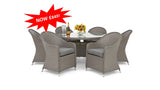 Outdoor dining set with table and chairs, featuring a sale banner.