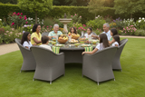 Family gathering around a round table in a garden setting with flowers and a fountain.