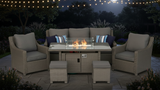 Outdoor furniture set featuring a large sofa, two armchairs, two footstools, and a fire pit table with a grey rattan weave and cushions, set against a white background.