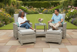Two people sitting on outdoor furniture in a garden setting