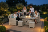 Outdoor patio furniture set with fire pit table on a white background, featuring a red sale label.