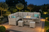 Outdoor patio furniture set with fire pit table on a white background, featuring a red sale label.