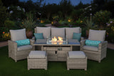 Outdoor furniture set with fire pit table on a white background, featuring a red sale label.