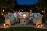 Outdoor furniture set including a corner sofa with armchairs and a fire pit table, all in gray with cushions, in a garden setting.