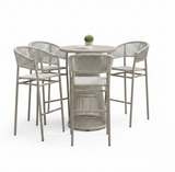 A 5-piece outdoor bar-height dining set featuring a round light gray table and four matching high-back woven chairs, shown on a solid white background.