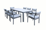Outdoor dining set with a rectangular table and six chairs on a white background
