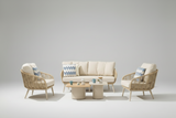 Outdoor furniture set with wicker chairs and sofa on a gray background