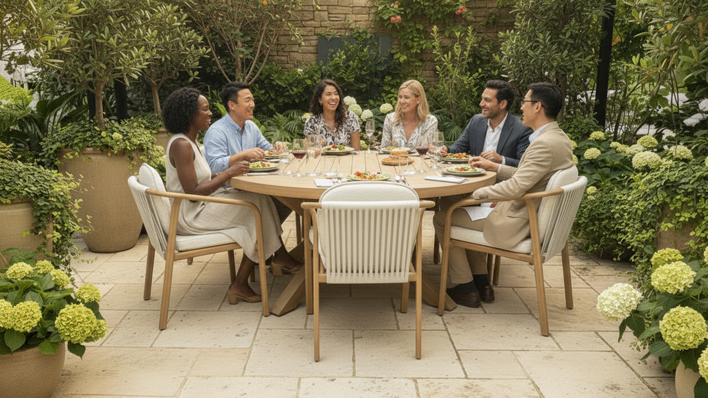 Group of people dining outdoors at a table in a garden setting