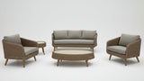 Outdoor furniture set with chairs, sofa, and ottoman on a white background