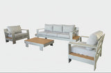 Outdoor furniture set with a sofa, two armchairs, and a coffee table on a white background