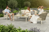People sitting on outdoor furniture in a garden setting