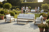 Outdoor furniture set with a sofa, two chairs, and a coffee table on a white background