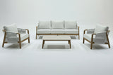 Outdoor furniture set with a sofa, two chairs, and a coffee table on a white background