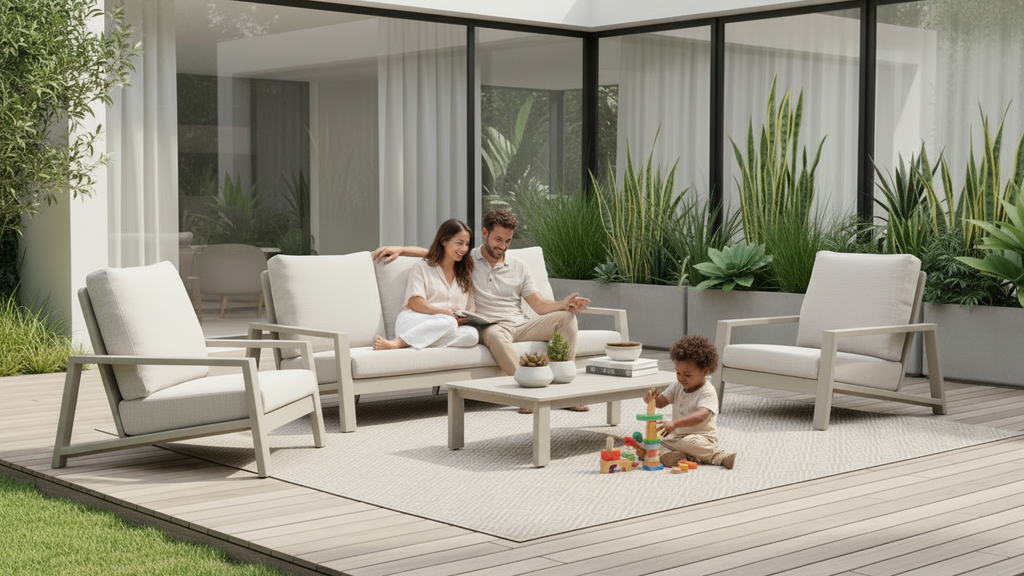 Family sitting on outdoor furniture with a child playing on a patio
