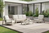 Outdoor furniture set with a sofa and two chairs on a white background