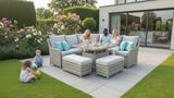 Family and child enjoying outdoor furniture in a garden setting